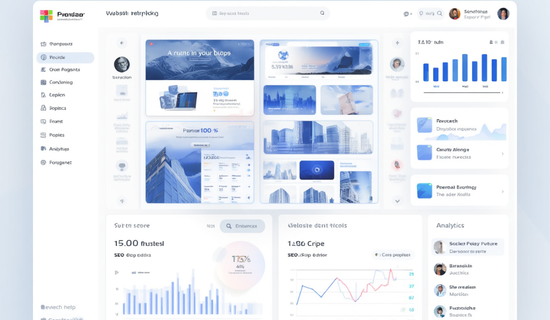 Generate-a-premium-dashboard-interface-with-website-templates-drag-and-drop-editor-SEO-score-panel-analytics-charts-and-AI-suggestions.-Modern-UI-white-and-blue-color-scheme-realistic-techno-1 AI Website Builder: Save Time With These Powerful AI Tools